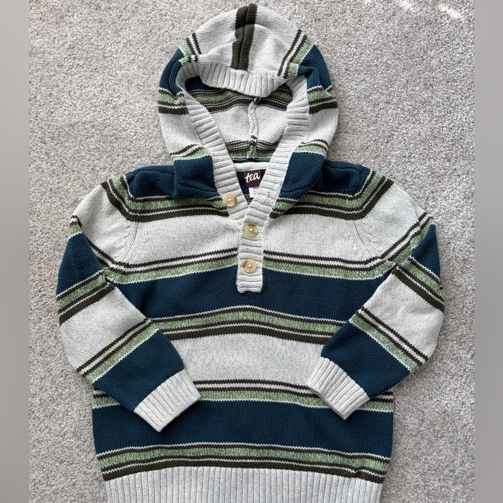 Tea Collection Boy’s Striped Hooded Pullover Sweater in Teal, Gray & Olive